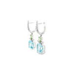 18ct white gold drop earrings with blue topaz, tsavorite garnets and diamond marquise accents.