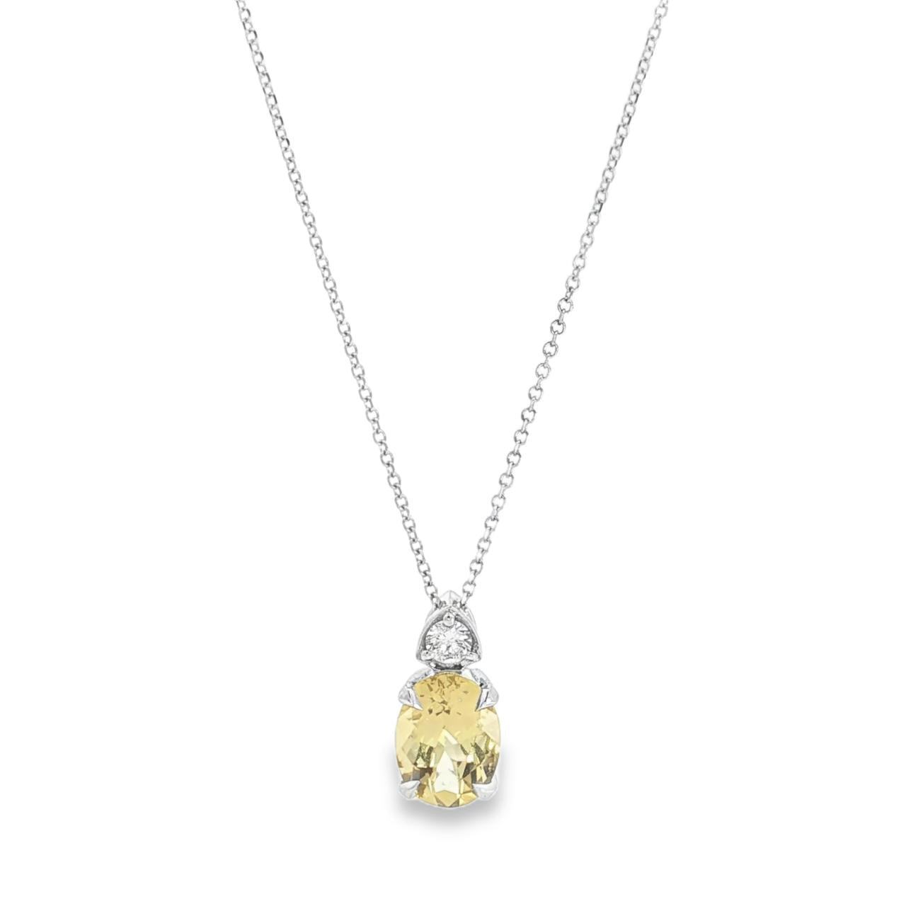 9ct white gold yellow beryl and diamond pastel pendant with oval gemstone and concealed runner.