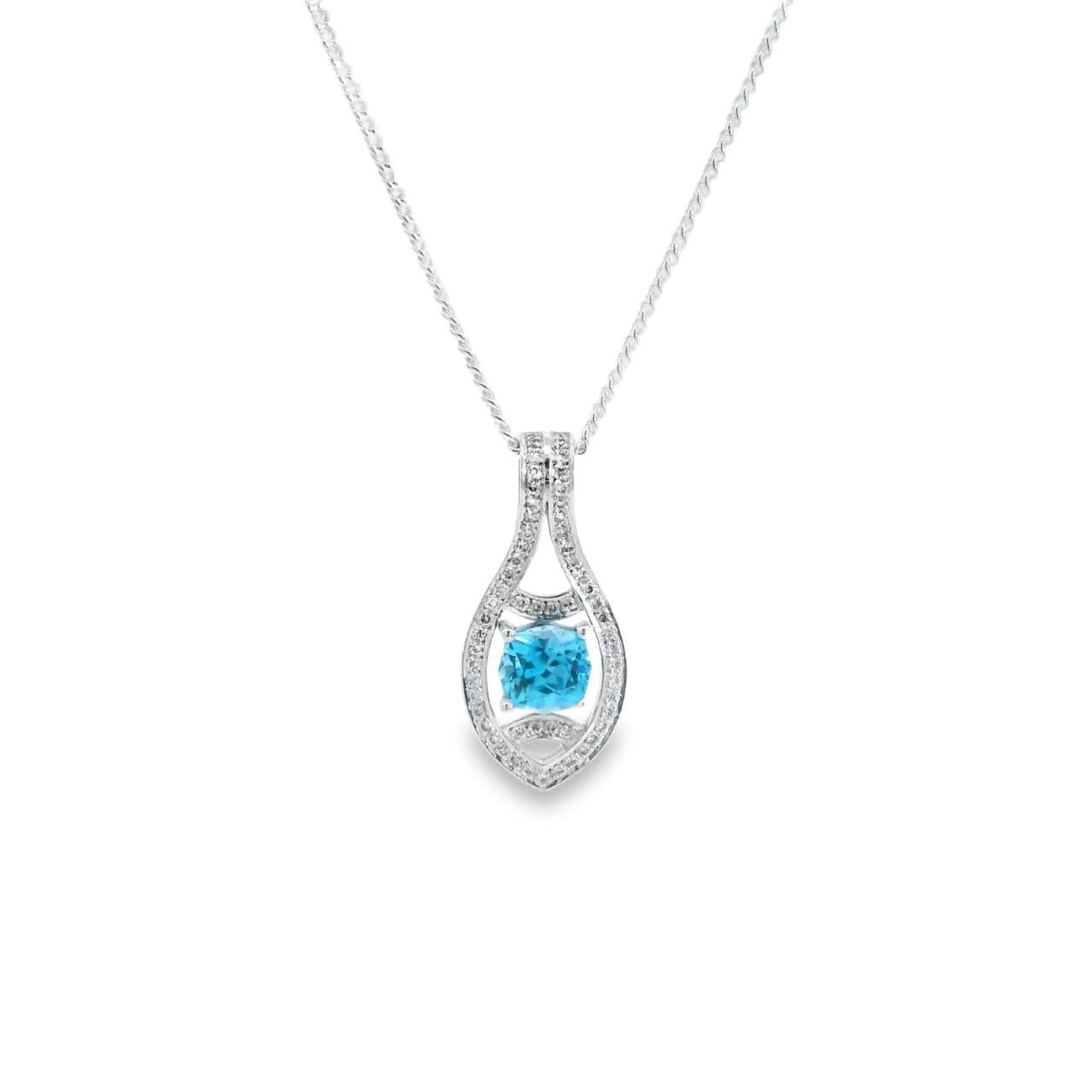 18ct white gold zircon and diamond cluster pendant with octagonal cushion cut zircon.
