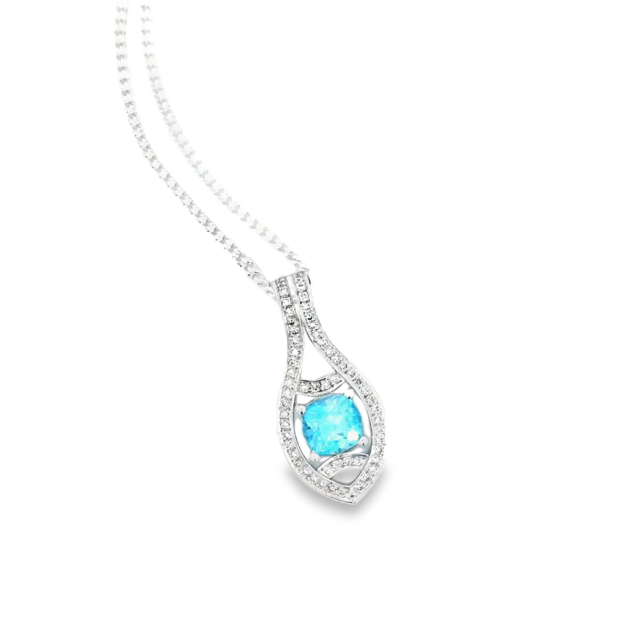 18ct white gold zircon and diamond cluster pendant with octagonal cushion cut zircon.
