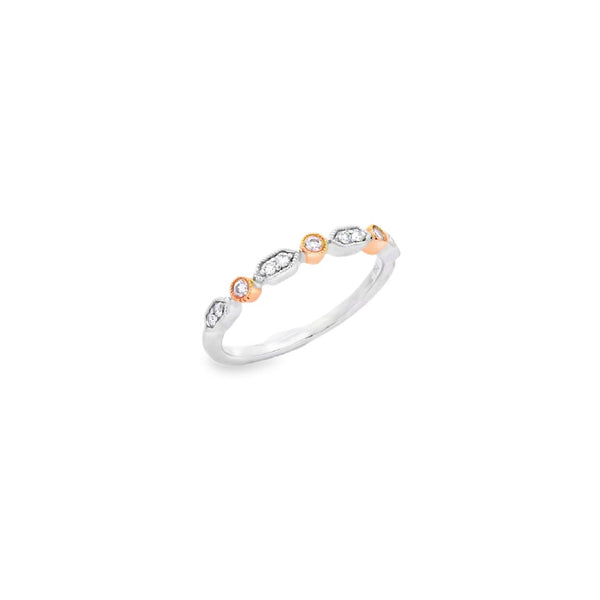 18ct white and rose gold ring with Argyle pink diamonds and white diamonds in alternating marquise and bezel settings.