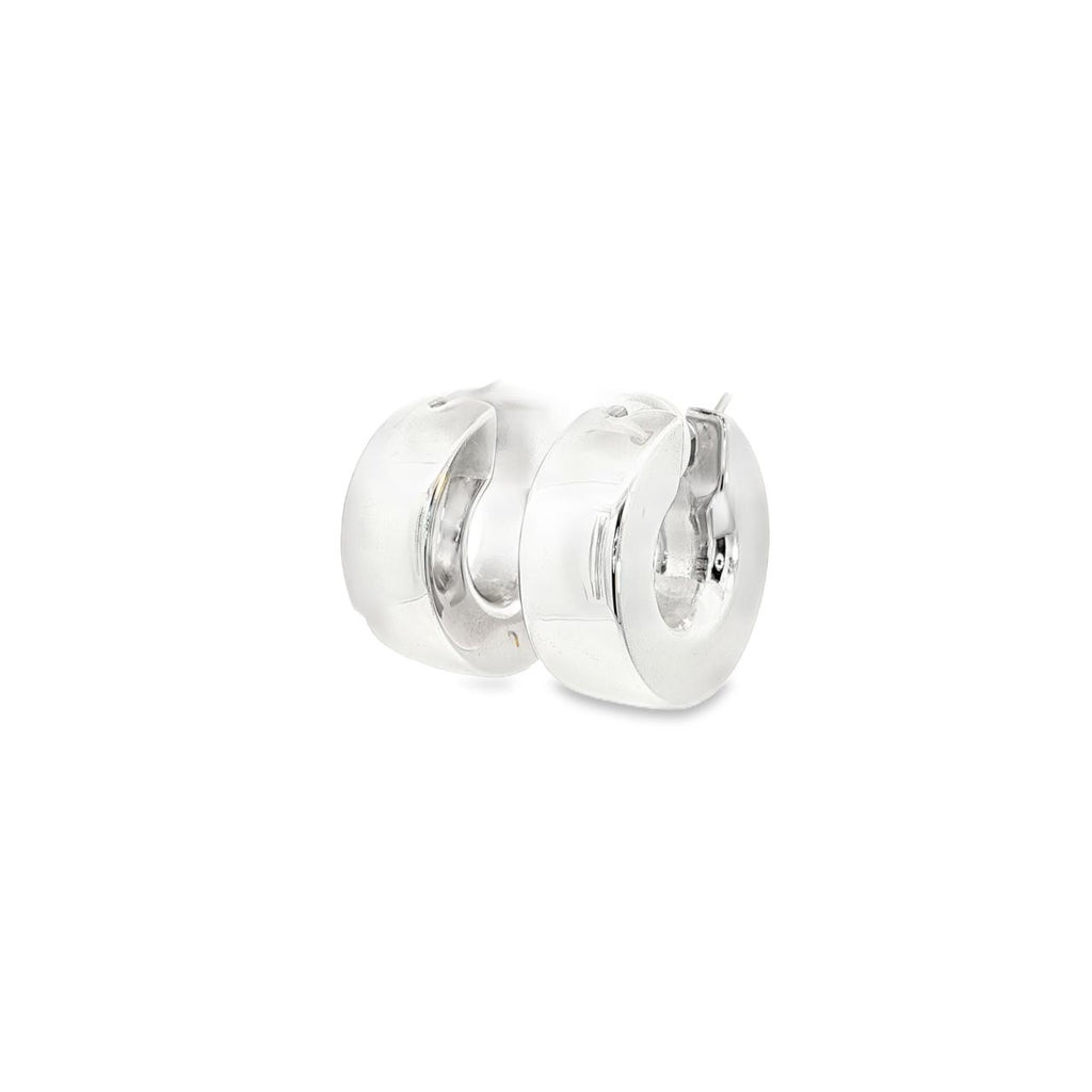 18ct white gold wide square-profile hoop earrings with clip fittings and a polished finish.
