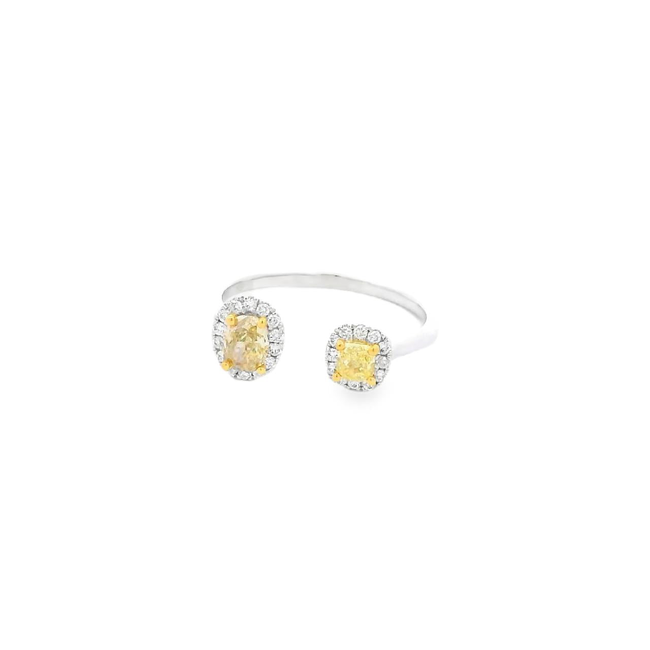 18ct white gold open ring featuring oval and cushion cut yellow diamonds with white diamond surrounds and round brilliant cut accents.