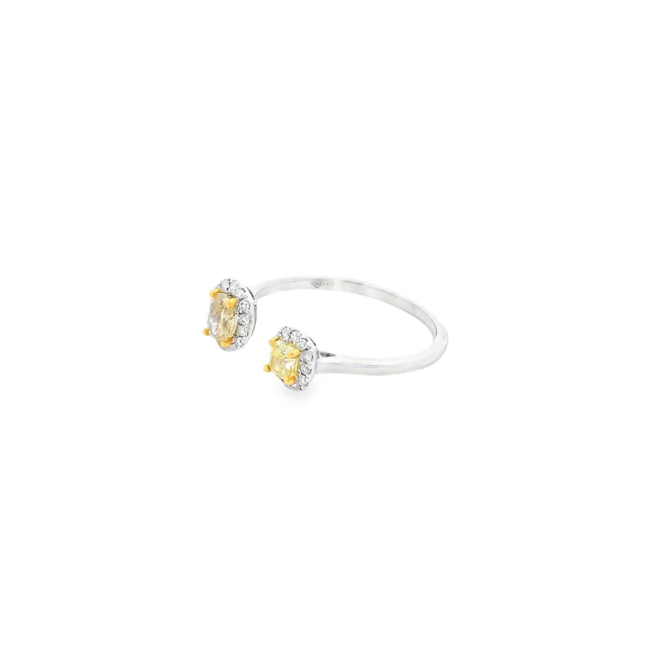 18ct white gold open ring featuring oval and cushion cut yellow diamonds with white diamond surrounds and round brilliant cut accents.
