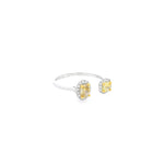 18ct white gold open ring featuring oval and cushion cut yellow diamonds with white diamond surrounds and round brilliant cut accents.