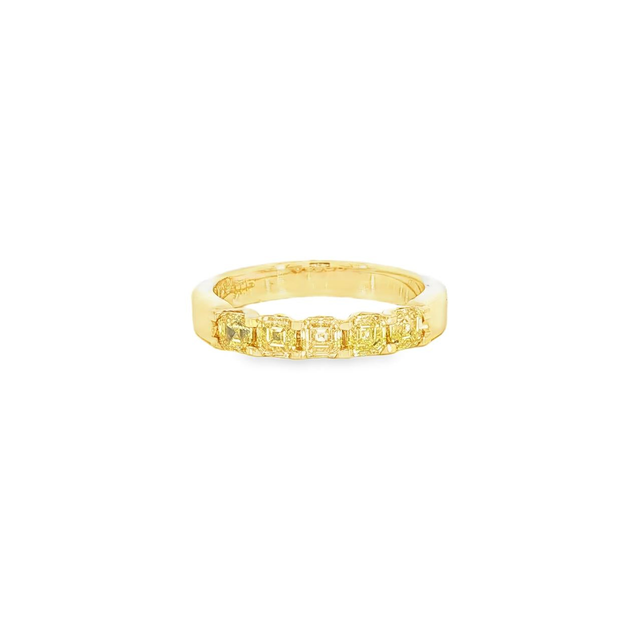 18ct yellow gold ring featuring five Asscher cut yellow diamonds in a shared claw setting with V-shaped collets.