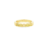 18ct yellow gold ring featuring five Asscher cut yellow diamonds in a shared claw setting with V-shaped collets.