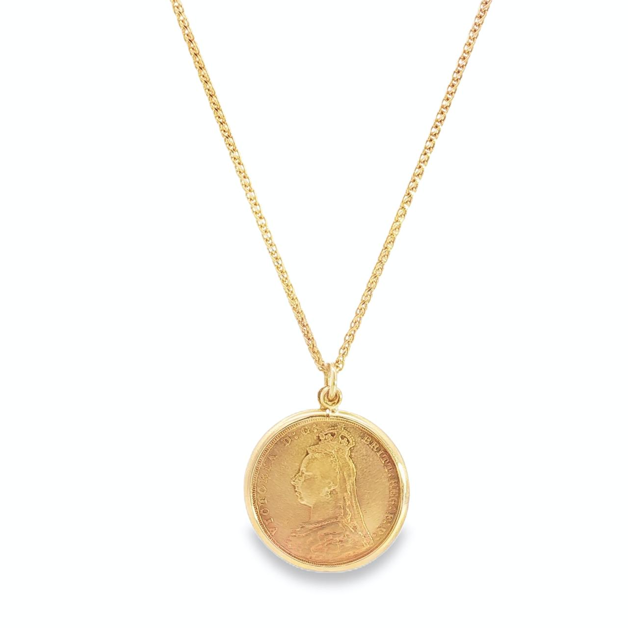9ct yellow gold coin pendant featuring 1889 Queen Victoria 22ct full sovereign.