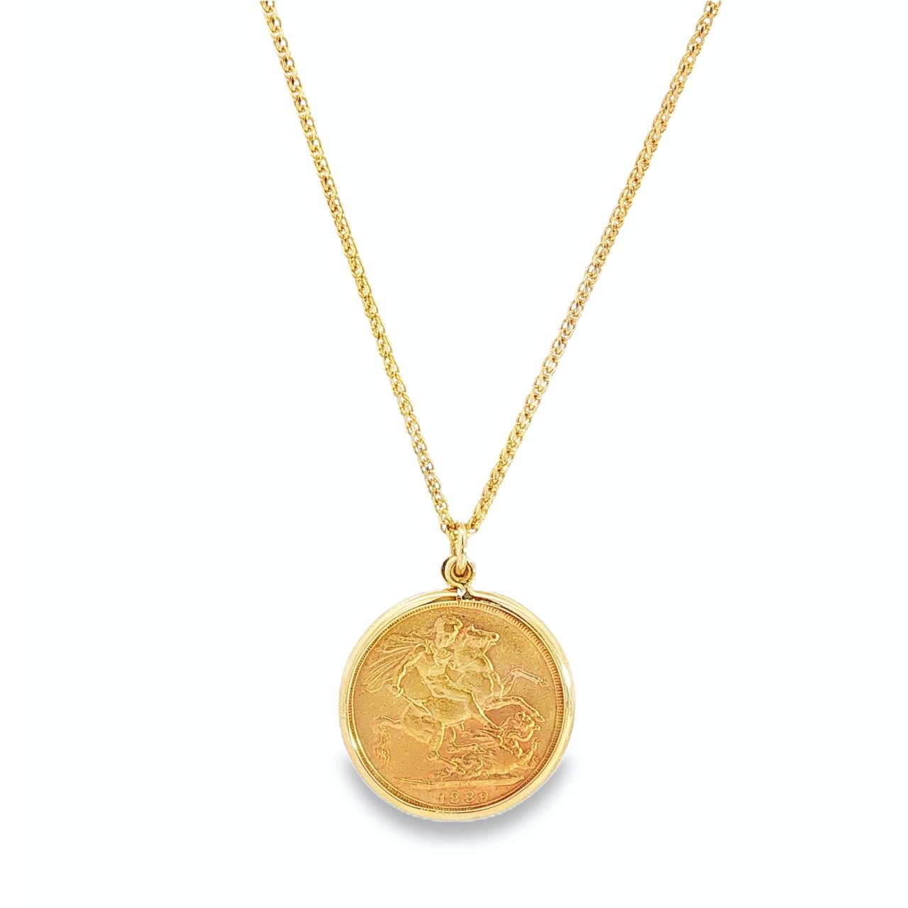 9ct yellow gold coin pendant featuring 1889 Queen Victoria 22ct full sovereign.