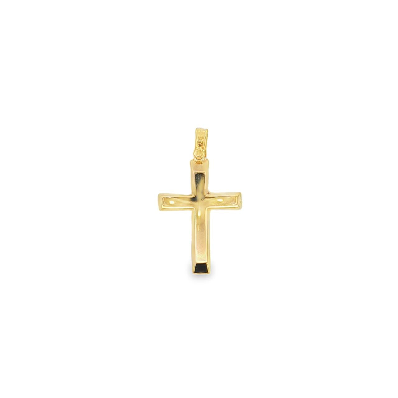 18ct yellow gold flat cross pendant with angled bar design and polished finish.