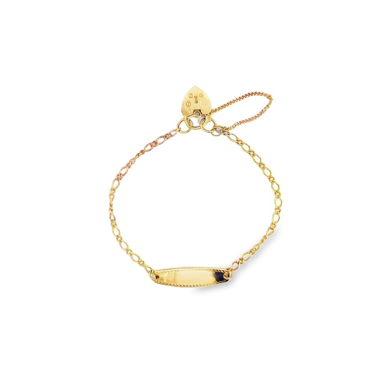 Baby bracelet crafted in yellow gold featuring a Figaro link chain, polished ID bar, and padlock clasp.