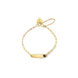 Baby bracelet crafted in yellow gold featuring a Figaro link chain, polished ID bar, and padlock clasp.