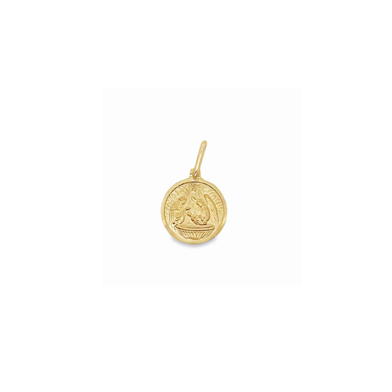9ct yellow gold circular Baptism medallion pendant with articulated oval bale.