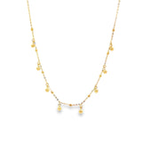 9ct yellow gold trace link chain with polished dangle bead accents, 45cm length.