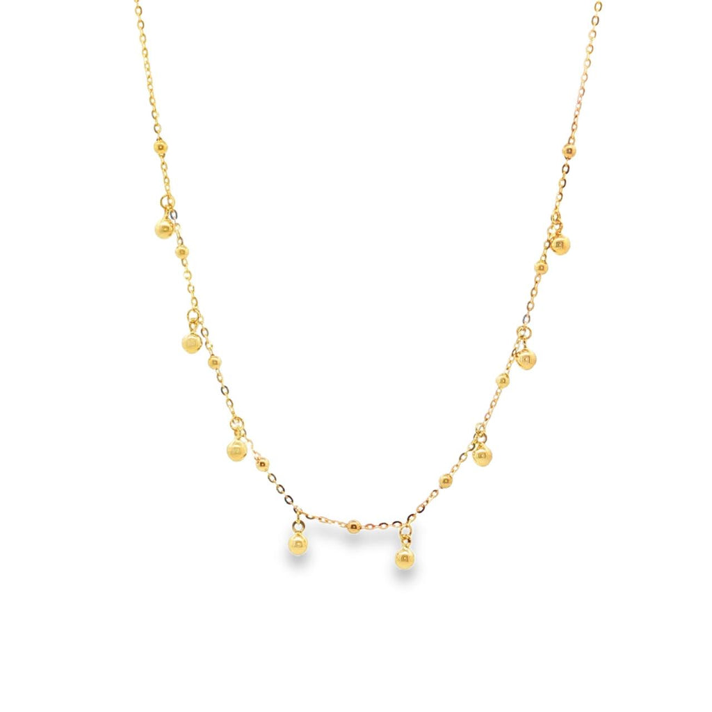 9ct yellow gold trace link chain with polished dangle bead accents, 45cm length.