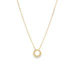 9ct yellow gold necklet with beaded open circle pendant on a trace link chain.