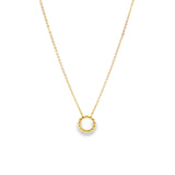 9ct yellow gold necklet with beaded open circle pendant on a trace link chain.