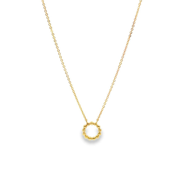 9ct yellow gold necklet with beaded open circle pendant on a trace link chain.