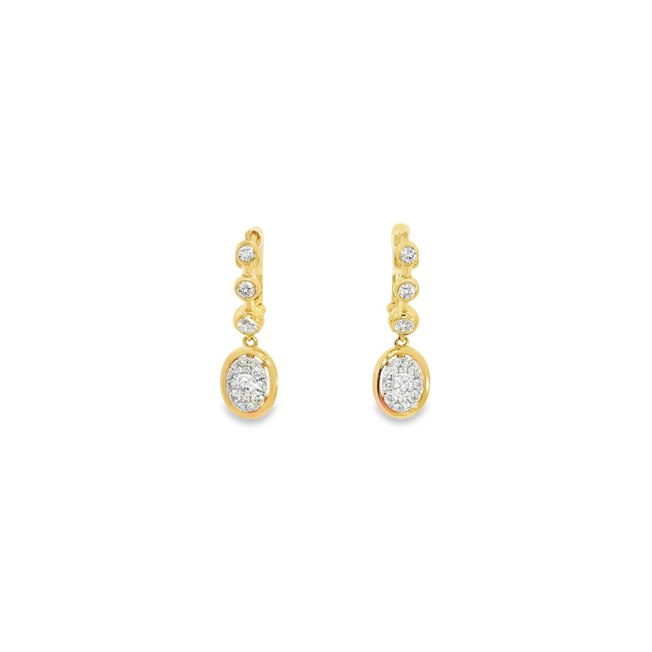 18ct yellow gold diamond drop earrings with bezel-set huggie tops and oval cluster drops.
