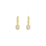 18ct yellow gold diamond drop earrings with bezel-set huggie tops and oval cluster drops.