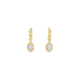 18ct yellow gold diamond drop earrings with bezel-set huggie tops and oval cluster drops.