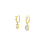 18ct yellow gold diamond drop earrings with bezel-set huggie tops and oval cluster drops.