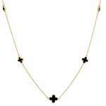 9ct yellow gold necklet with trio of black onyx clover motifs on a fine chain.