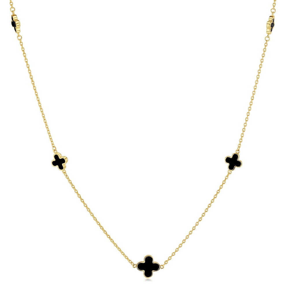 9ct yellow gold necklet with trio of black onyx clover motifs on a fine chain.