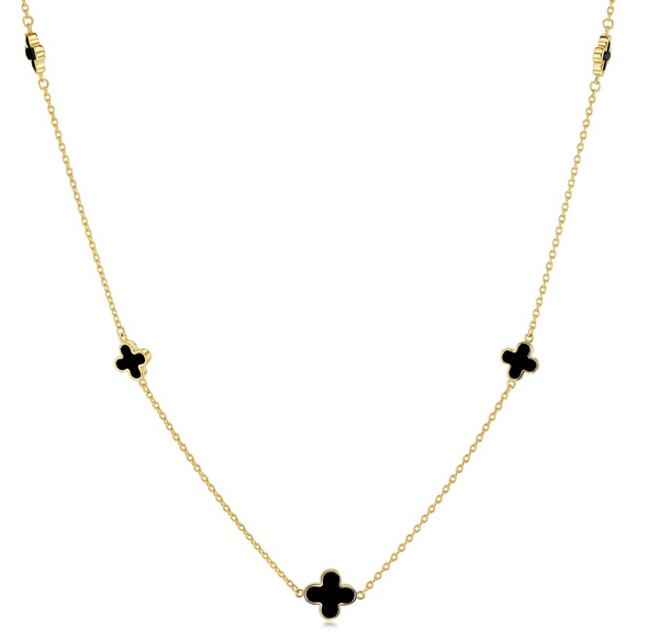 9ct yellow gold necklet with trio of black onyx clover motifs on a fine chain.