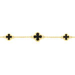 9ct yellow gold necklet with trio of black onyx clover motifs on a fine chain.