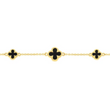 9ct yellow gold necklet with trio of black onyx clover motifs on a fine chain.