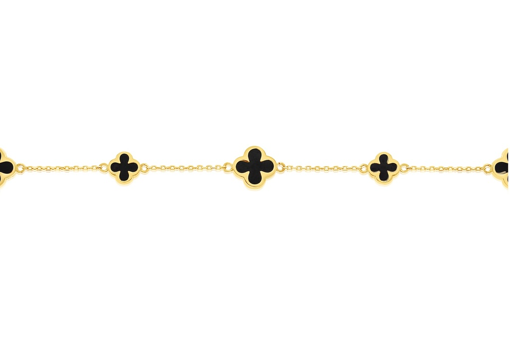 9ct yellow gold necklet with trio of black onyx clover motifs on a fine chain.