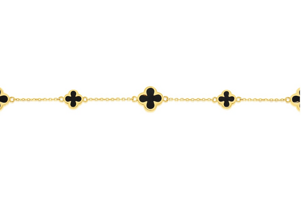 9ct yellow gold necklet with trio of black onyx clover motifs on a fine chain.