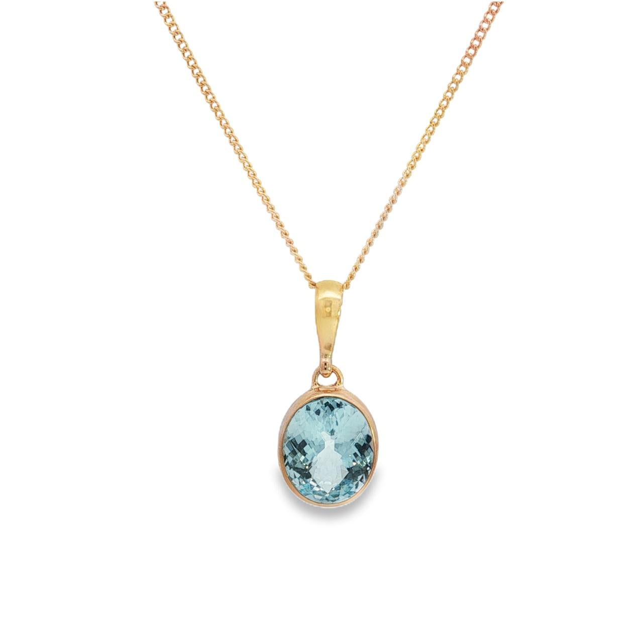 9ct yellow gold oval blue topaz pendant with checkerboard cut and bezel setting.