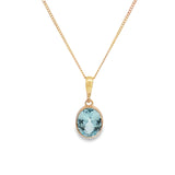 9ct yellow gold oval blue topaz pendant with checkerboard cut and bezel setting.