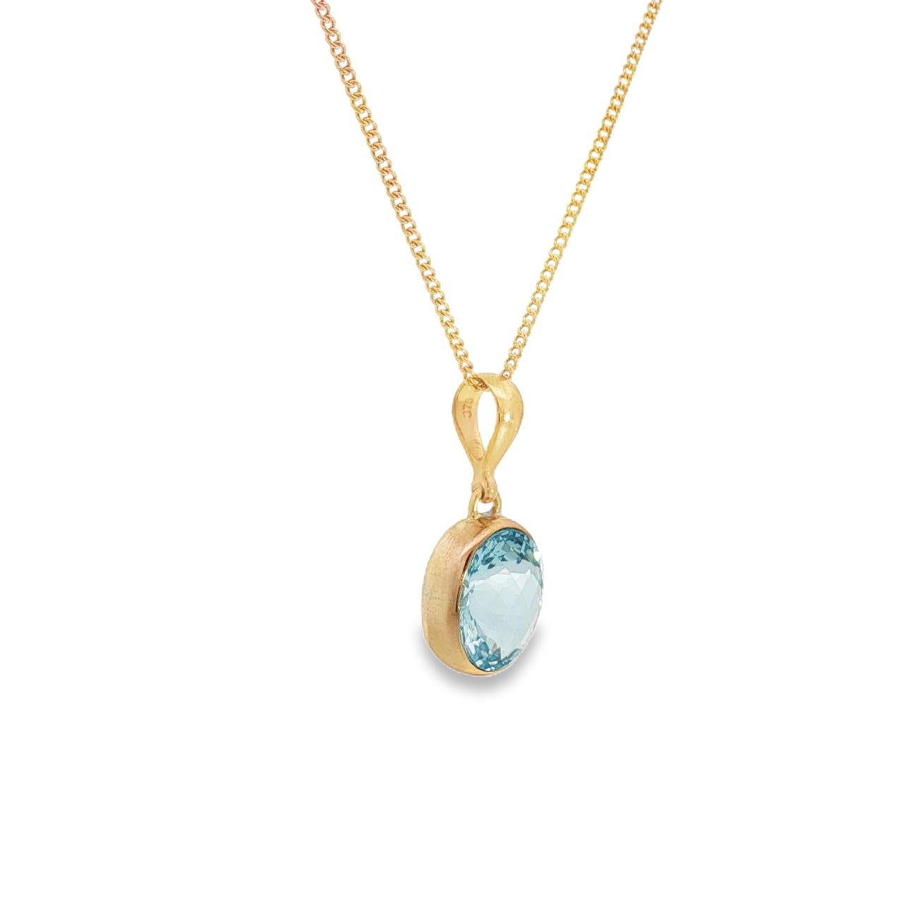 9ct yellow gold oval blue topaz pendant with checkerboard cut and bezel setting.