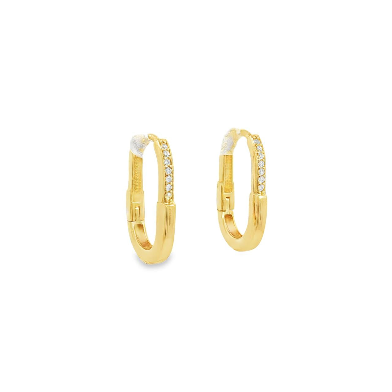 9ct yellow gold oval carabiner-style huggie earrings with cubic zirconias on the top half.