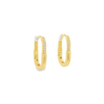 9ct yellow gold oval carabiner-style huggie earrings with cubic zirconias on the top half.