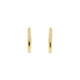 9ct yellow gold oval carabiner-style huggie earrings with cubic zirconias on the top half.