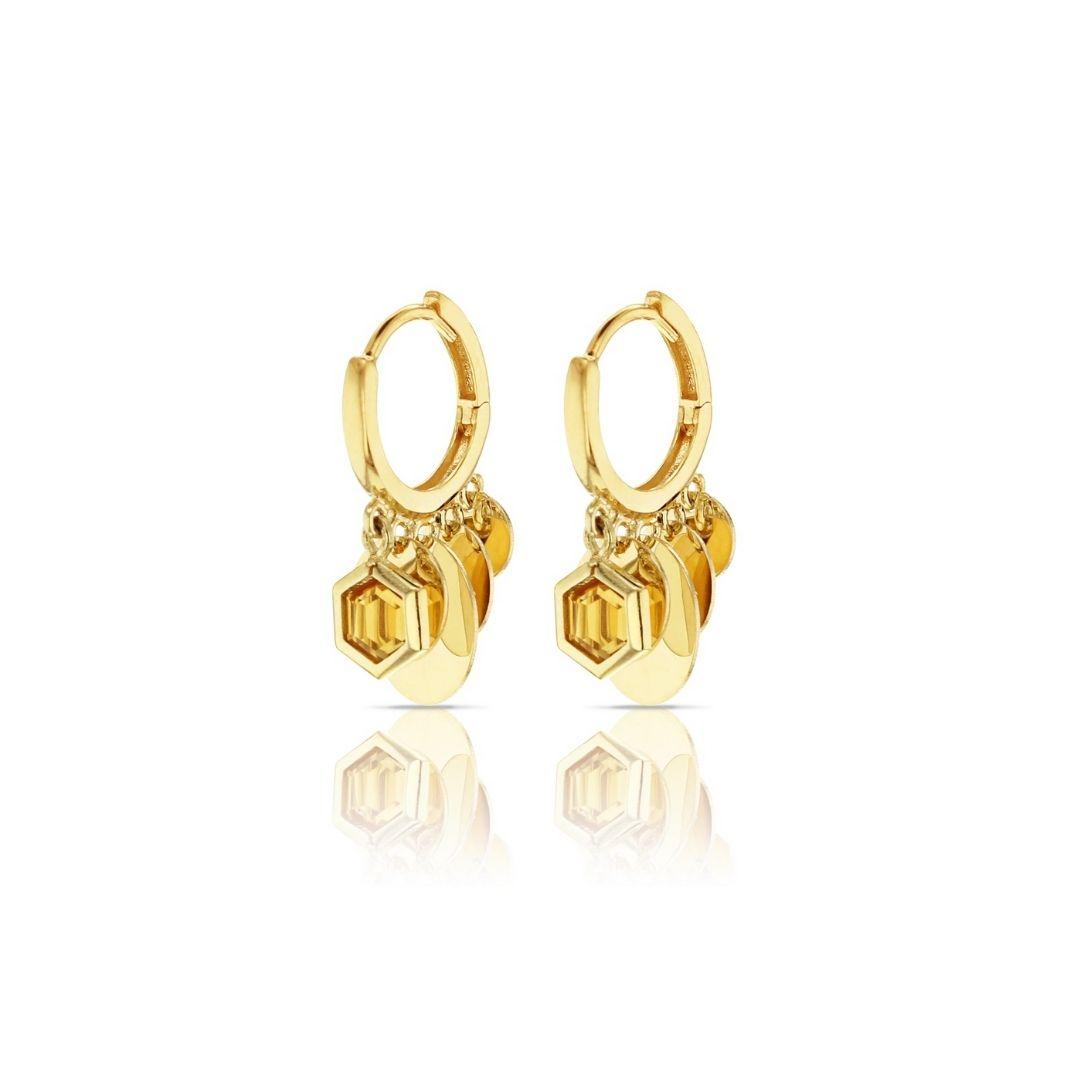 9ct yellow gold huggie earrings with hexagon citrine and disc drop detail.