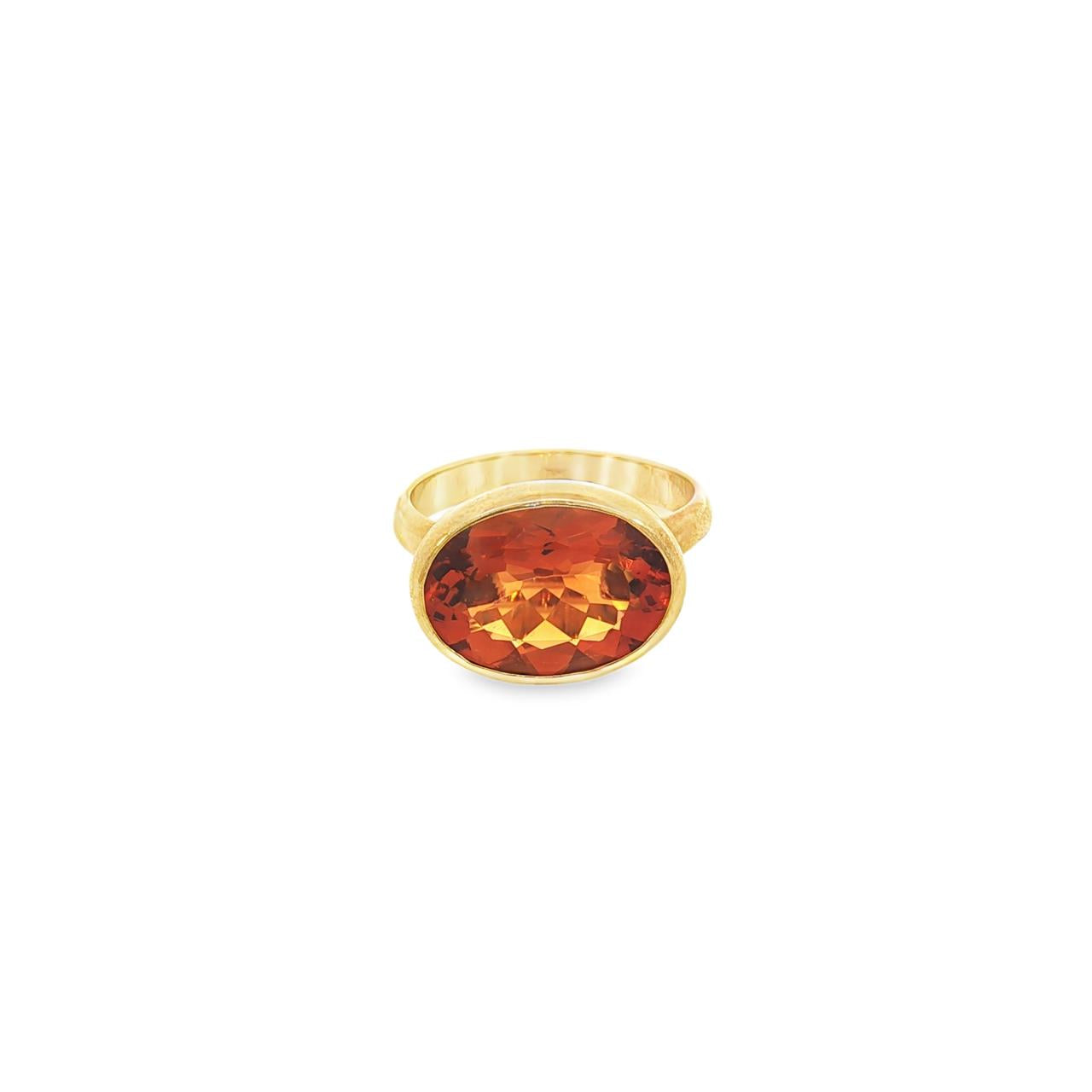 9ct yellow gold citrine ring with horizontal oval citrine in suspension-style bezel setting.