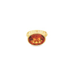 9ct yellow gold citrine ring with horizontal oval citrine in suspension-style bezel setting.