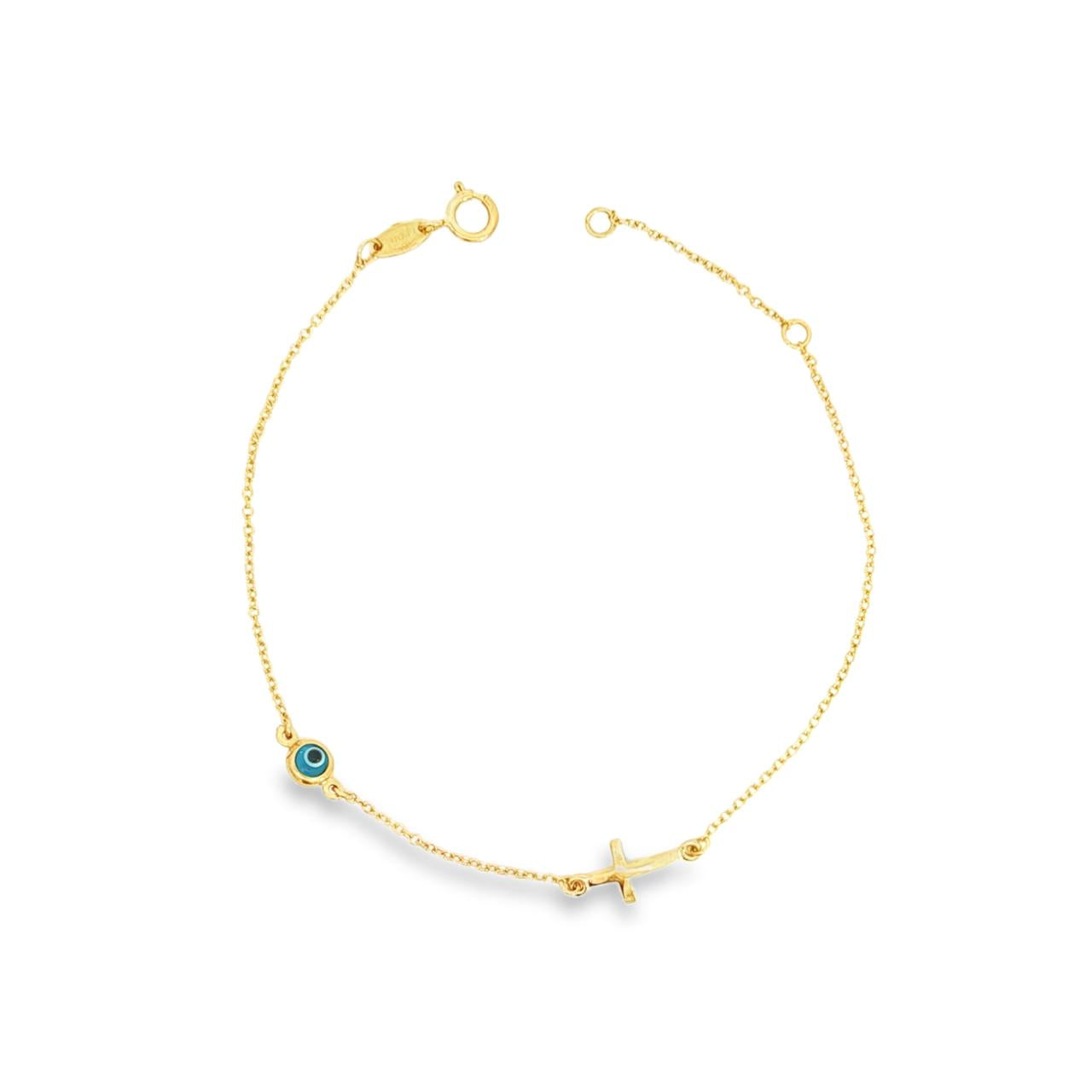 9ct yellow gold trace link bracelet with horizontal cross and Evil Eye charm.