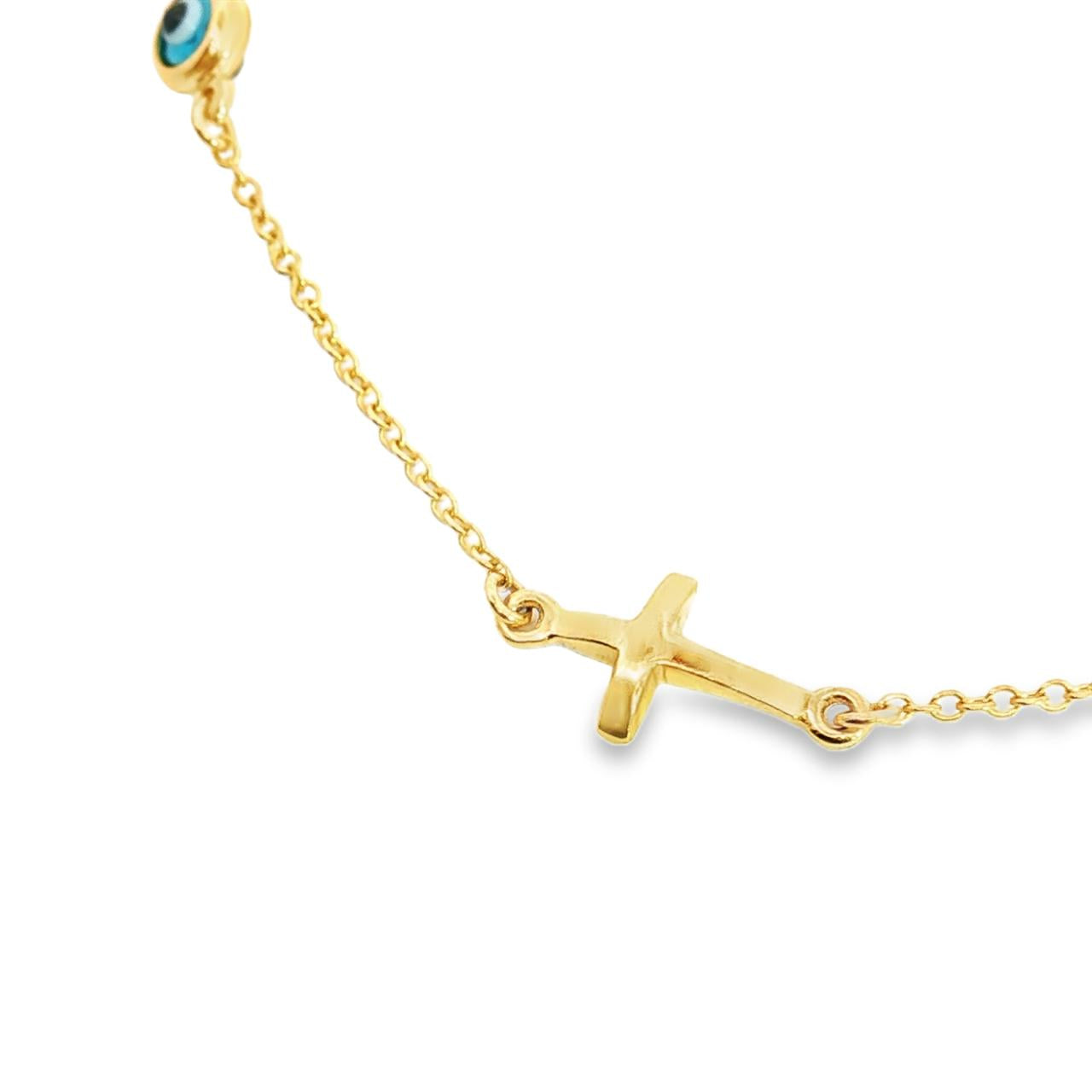 9ct yellow gold trace link bracelet with horizontal cross and Evil Eye charm.