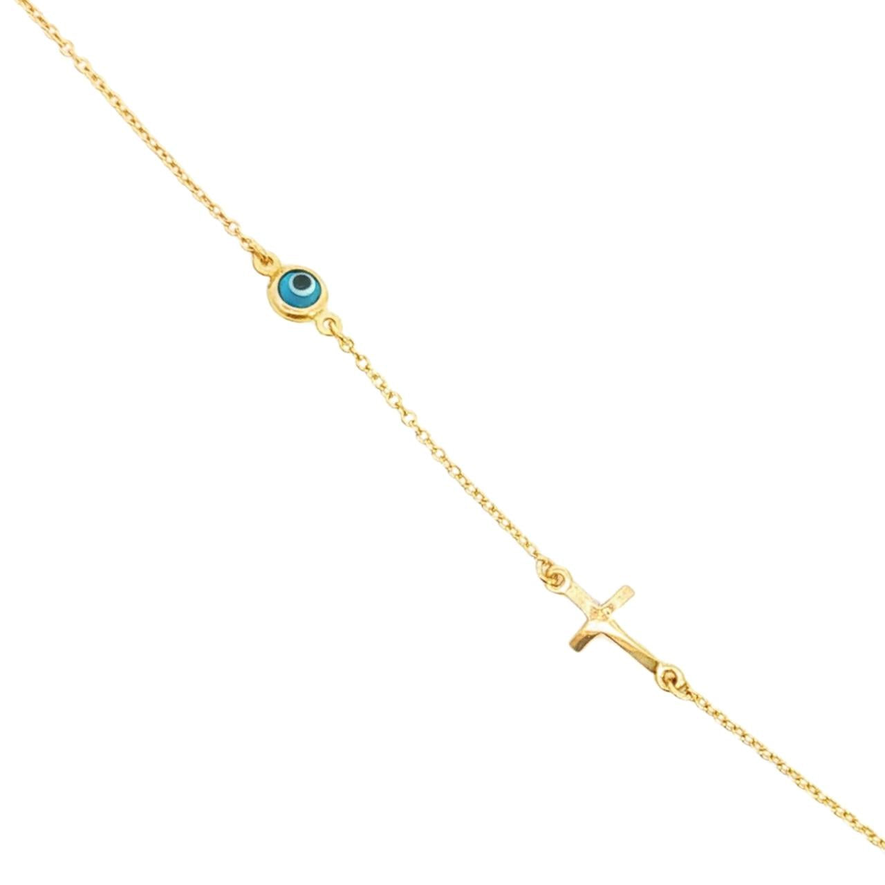 9ct yellow gold trace link bracelet with horizontal cross and Evil Eye charm.