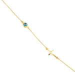 9ct yellow gold trace link bracelet with horizontal cross and Evil Eye charm.