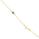 9ct yellow gold trace link bracelet with horizontal cross and Evil Eye charm.