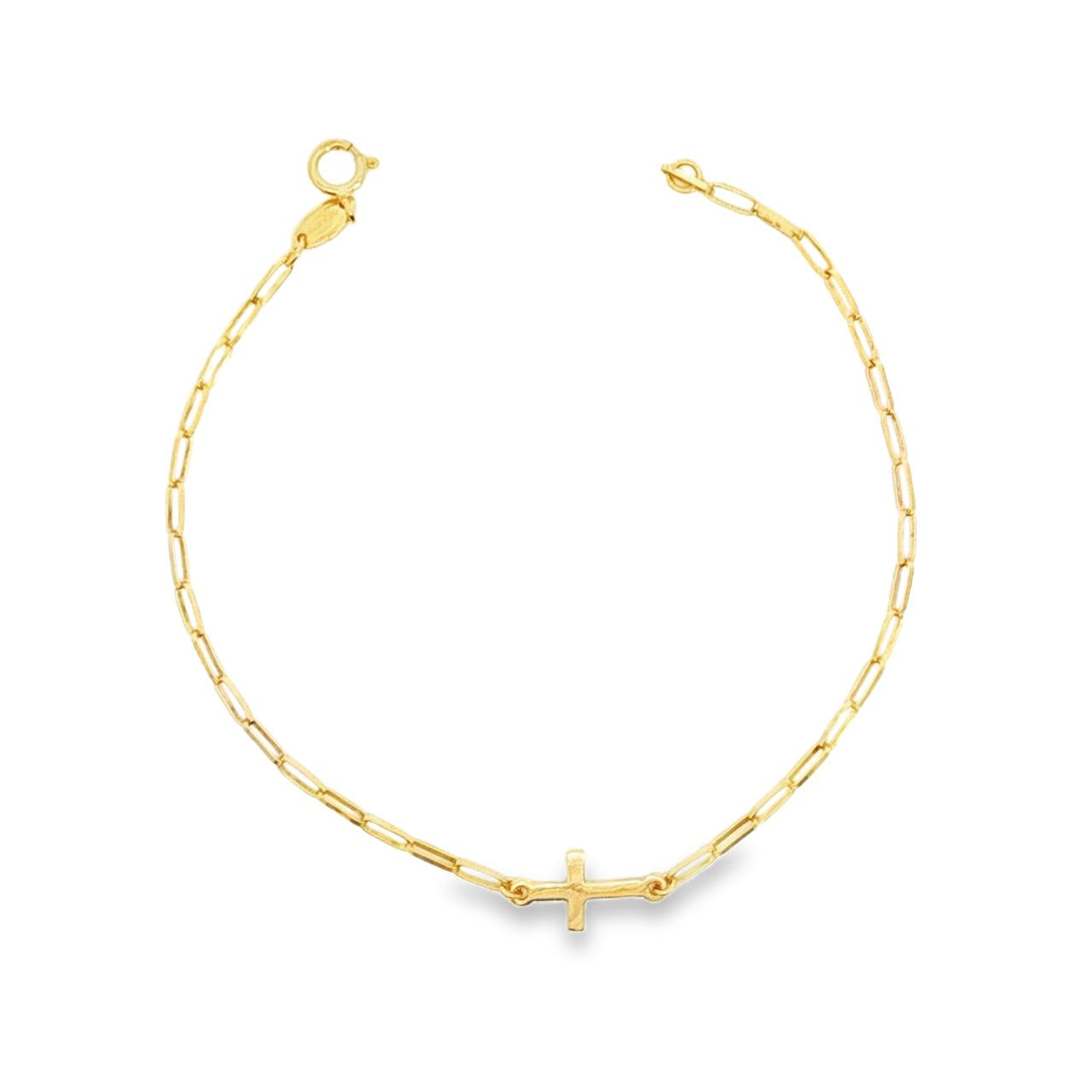 9ct yellow gold paperclip link bracelet with horizontal flat cross centre.