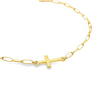 9ct yellow gold paperclip link bracelet with horizontal flat cross centre.