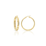 9ct yellow gold 30mm hoop earrings with polished cushion-profile tubing.